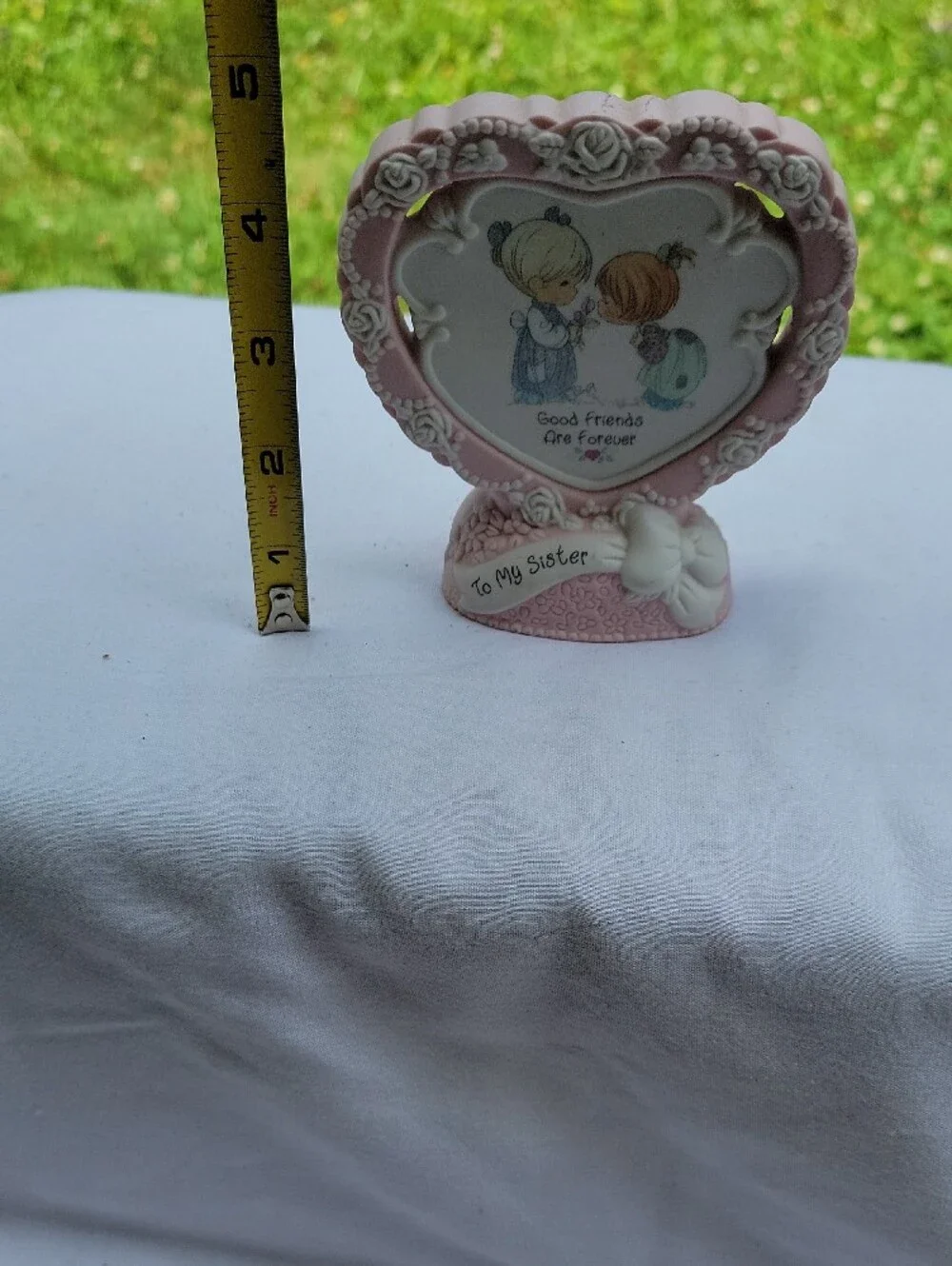 Enesco Pink and White Heart Figurine Base Marked Precious Moments Vintage